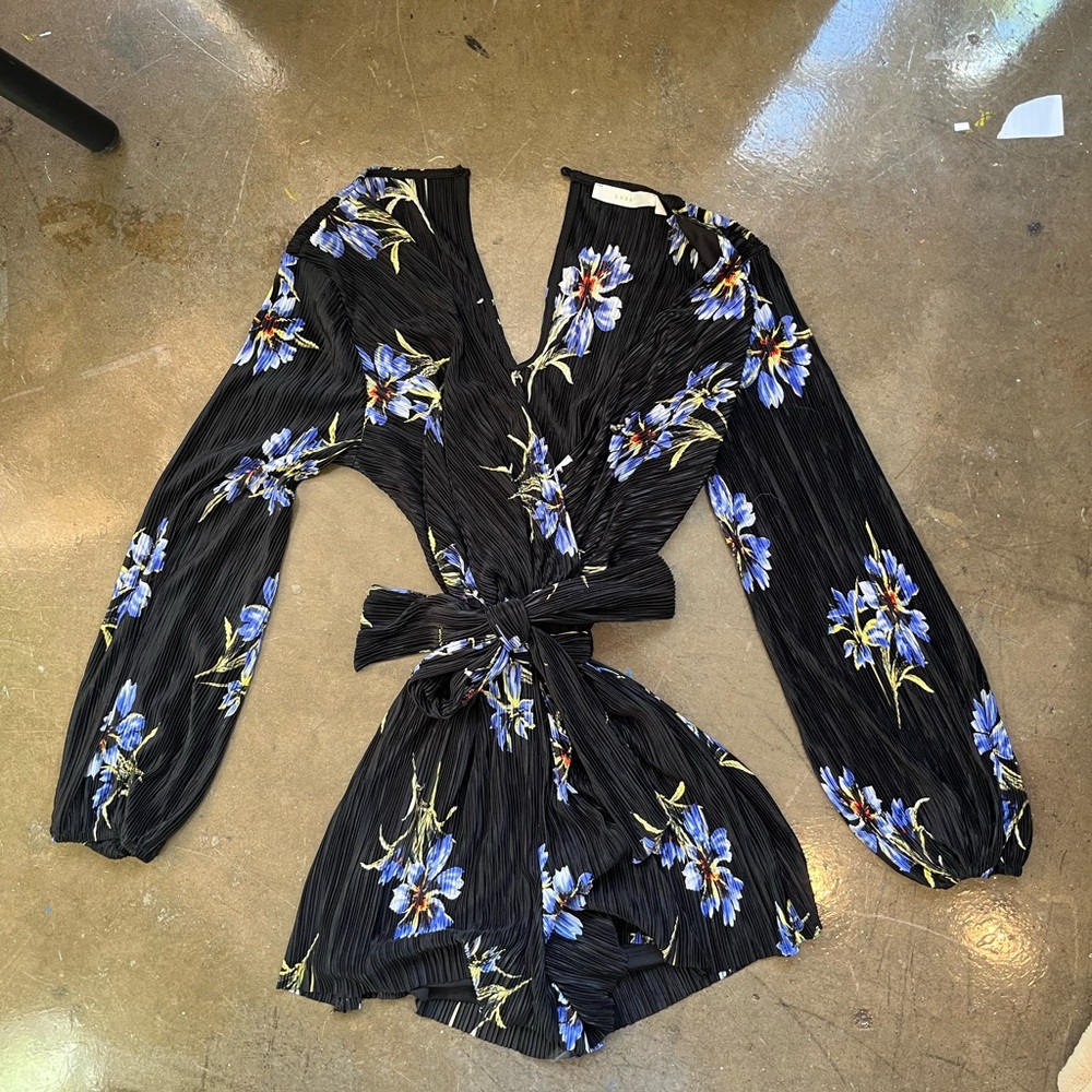 Lush Size Small Floral Black Romper with Blue and Yellow Flowers